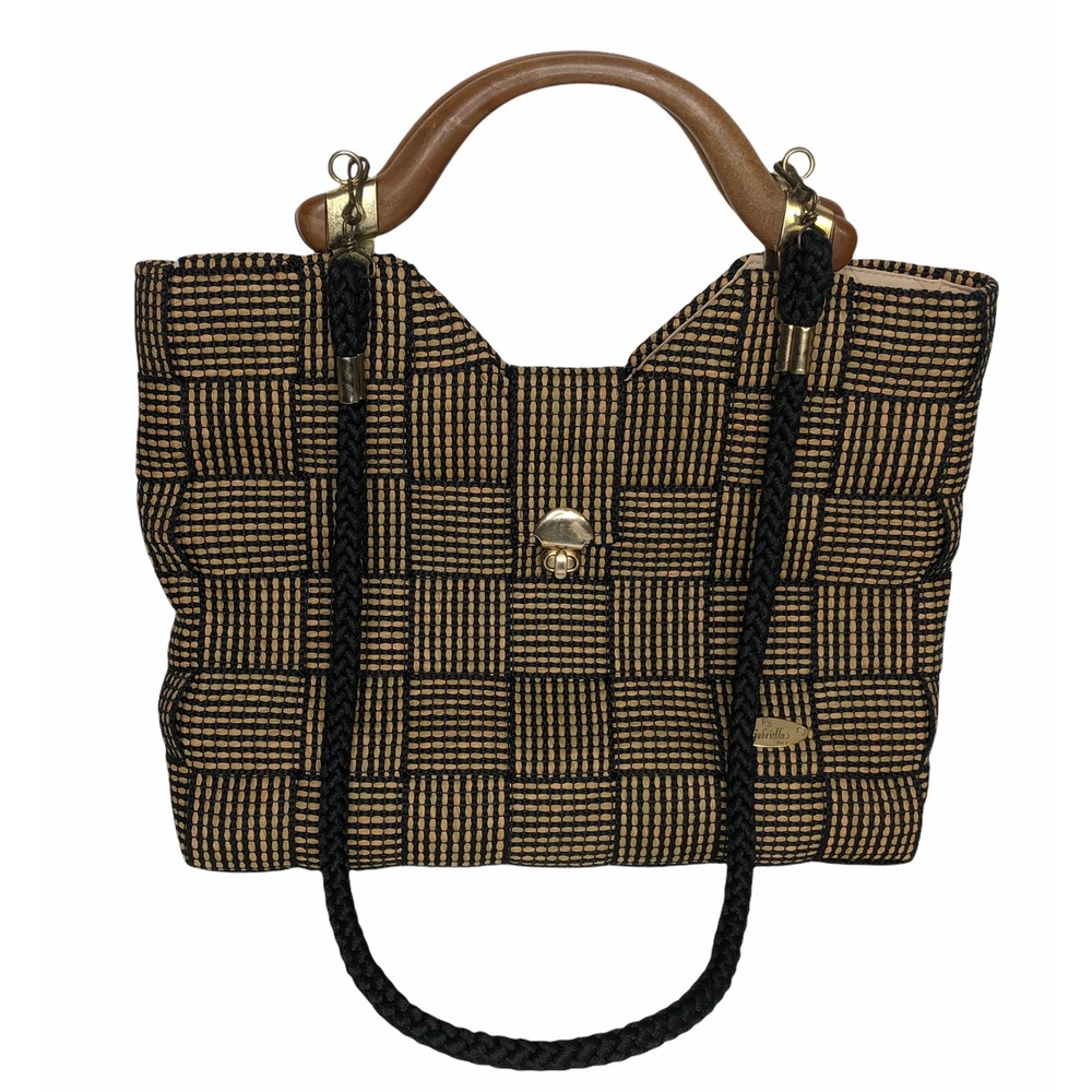 Gabriella Purse Woven Basket‎ Weave Handbag Black Gold Italy Crossbody Tote